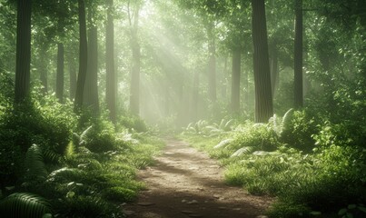 Obraz premium Scenic forest pathway surrounded by lush green trees and illuminated by dappled sunlight, creating a peaceful and adventurous vibe
