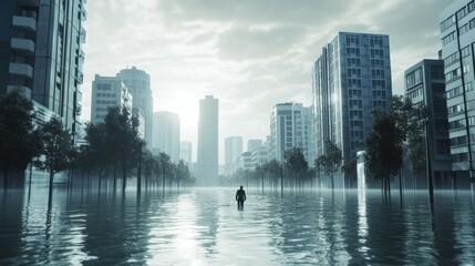 Fototapeta premium Flooded City Street, Lone Figure