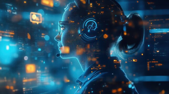 Woman, headset, data, tech, support, digital, future, communication, network, help