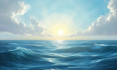 Obraz premium The ocean, calm and quiet, with the sun's rays piercing through the distant clouds.