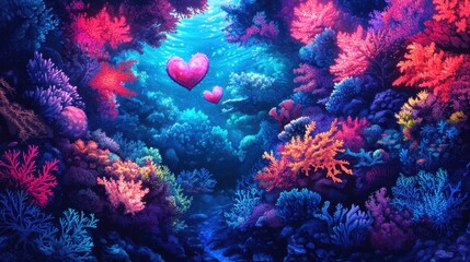 Obraz premium Two pink hearts float amongst a vibrant coral reef