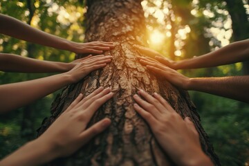 During a dendrotherapy session, a group of people touches the trunk and absorbs the positive energy of the forest