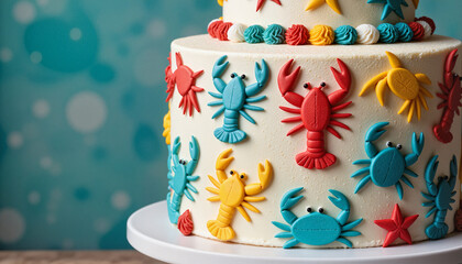 Vibrant two-tier cake adorned with colorful lobsters and crabs, coastal aesthetic