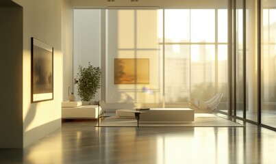 Elegant modern living room with sleek furniture and neutral tones, illuminated by soft natural light from large floor-to-ceiling windows, clean and inviting,