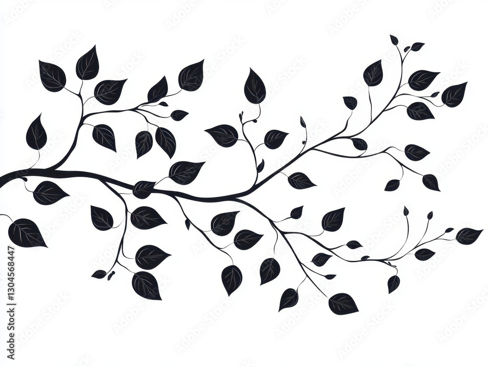Poster elegant black branch with stylized leaves on white background creating a minimalist botanical design