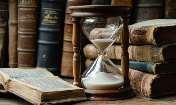 The sight of sand flowing through an hourglass and the presence of old, vintage books embody the idea of a timekeeper.