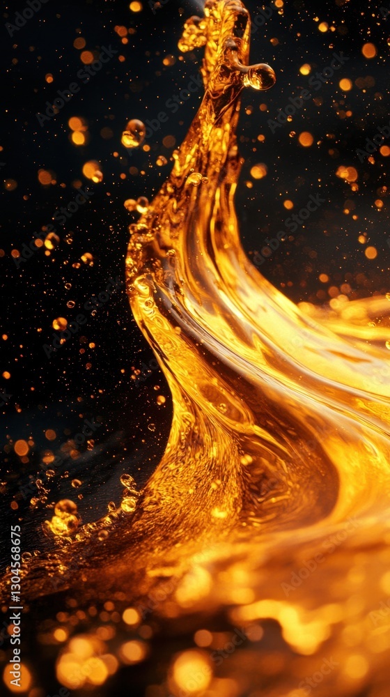 Poster Abstract golden liquid motion with bokeh lights on dark background creating dynamic and elegant visual effect for stock photography