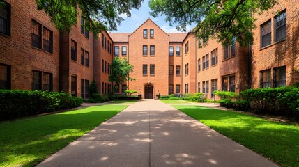 Fototapeta premium Serene courtyard gathering college campus architectural photography lush greenery wide angle calm atmosphere