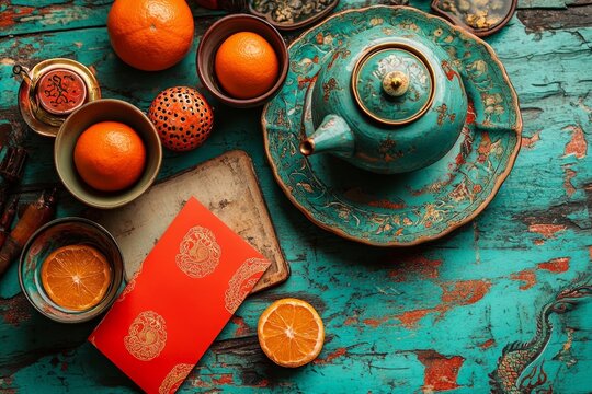 Red background adorned with Chinese New Year decorations comprising a red fan, green snake, lanterns, gold flowers, oranges, and teapot, which collectively signify prosperity and good fortune - Powered by Adobe