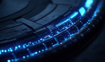 Close-up of a modern fiber optic cable glowing with blue light, high-tech design emphasizing speed and connectivity, clean and futuristic