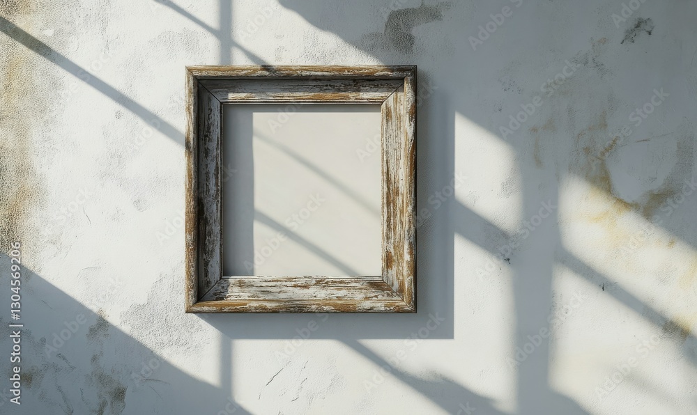 Poster empty rustic picture frame on a clean white wall, surrounded by soft shadows and subtle textures for