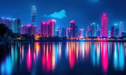 Futuristic city skyline illuminated by vibrant neon lights reflecting on a calm river creating a lively and modern urban scene .