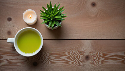 Calming overhead view of a cup of green tea, potted plant, and candle on wooden table for Stress Awareness Month