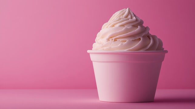 A pristine white ice cream cup, nestled against a vibrant pink backdrop, ready to showcase its contents or become the focal point of a branding design, inviting viewers to indulge in the sweet allure