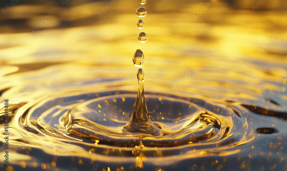 Aufkleber falling golden droplets of liquid against a blurred background, sparkling in soft light, creating a 