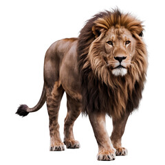 Majestic Lion with Thick Golden-Brown Mane Walking Confidently Isolated on Transparent Background PNG