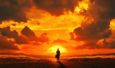 Obraz premium Scenic sunset road view with a lone traveler carrying a suitcase, silhouetted against a fiery golden sky, symbolizing journeys and possibilities
