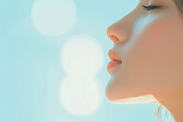 Serene woman's profile, soft light, flawless skin.