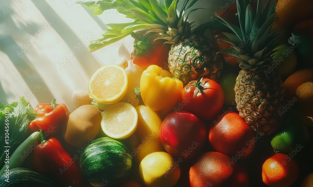 Poster flat lay of colorful fresh fruits and vegetables illuminated by soft natural light creating a vibran