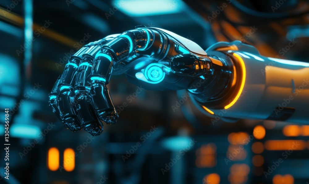 Poster futuristic robotic arm illuminated by glowing blue and orange lights symbolizing advanced industrial