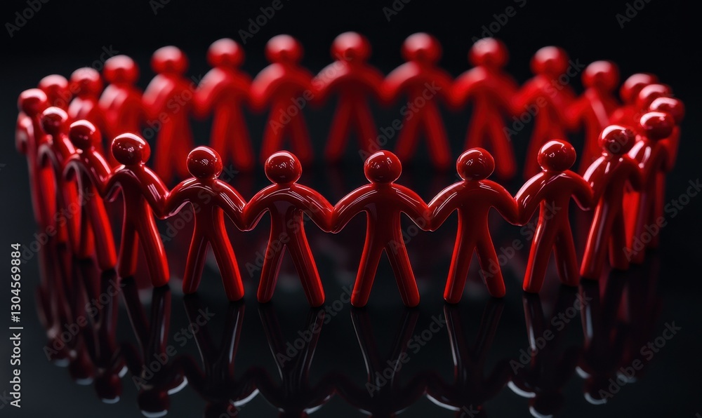 Poster group of red stick figures in a circular formation on a reflective surface, sharp details and bold c