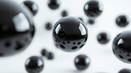 Black spheres floating against a white background with glossy surfaces and reflective light