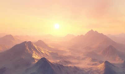 Scenic view of a mountain range under soft pastel sunrise hues, with golden sunlight illuminating the peaks creating a majestic natural landscape
