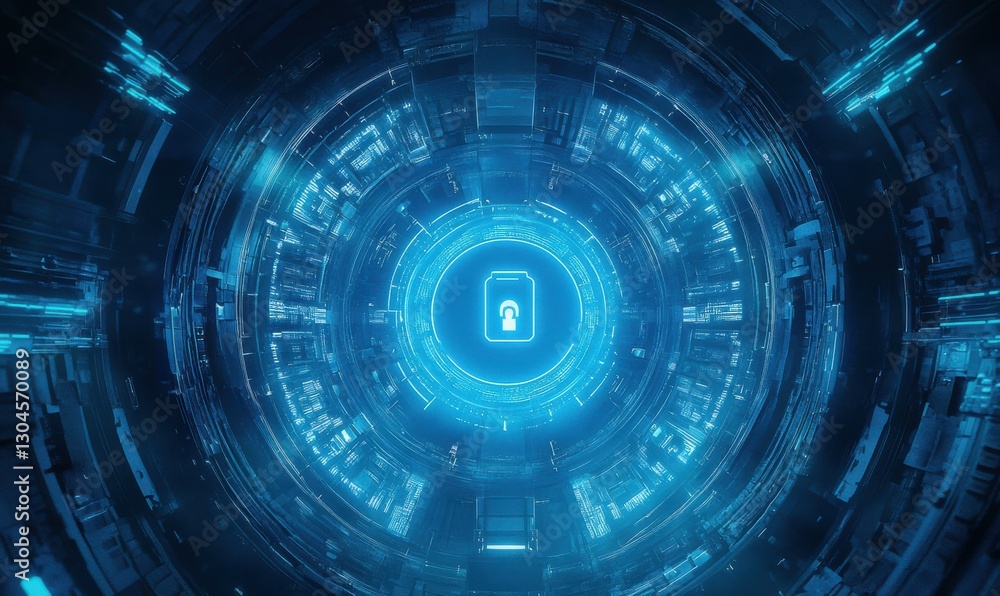 Aufkleber glowing blue security lock icon surrounded by illuminated digital elements symbolizing data protecti