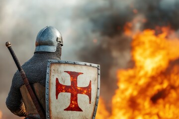 Naklejka premium Valor and Fire - Armored Warrior with Glowing Symbol Shield Standing Tall in Front of Flames, Mythological Hero of Justice and Honor