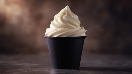 A sleek black ice cream cup, brimming with a creamy swirl of soft-serve ice cream, ready for a close-up shot, perfect for highlighting the delicious treat.