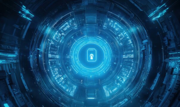 Glowing blue security lock icon surrounded by illuminated digital elements symbolizing data protection in a futuristic visual .