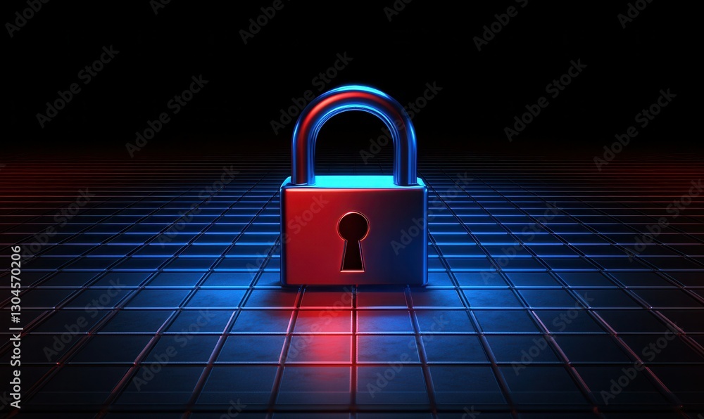 Poster glowing digital padlock on a dark grid background illuminated by blue and red light representing cyb