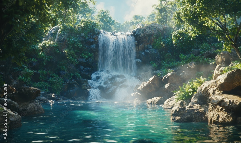 Poster scenic waterfall cascading into a crystal-clear pool surrounded by dense rainforest, illuminated by 