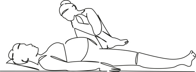 One continuous single drawing line art flat doodle pregnant, health and medicine, physiotherapist, physical therapy. Isolated image hand draw contour on a white background, hand drawn, not AI