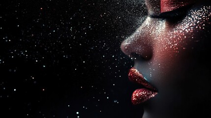Obraz premium Glittering face profile in darkness with dazzling beauty details