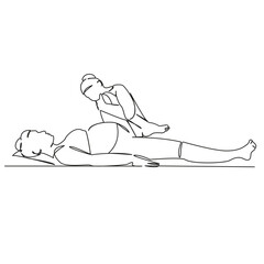One continuous single drawing line art flat doodle pregnant, health and medicine, physiotherapist, physical therapy. Isolated image hand draw contour on a white background, hand drawn, not AI