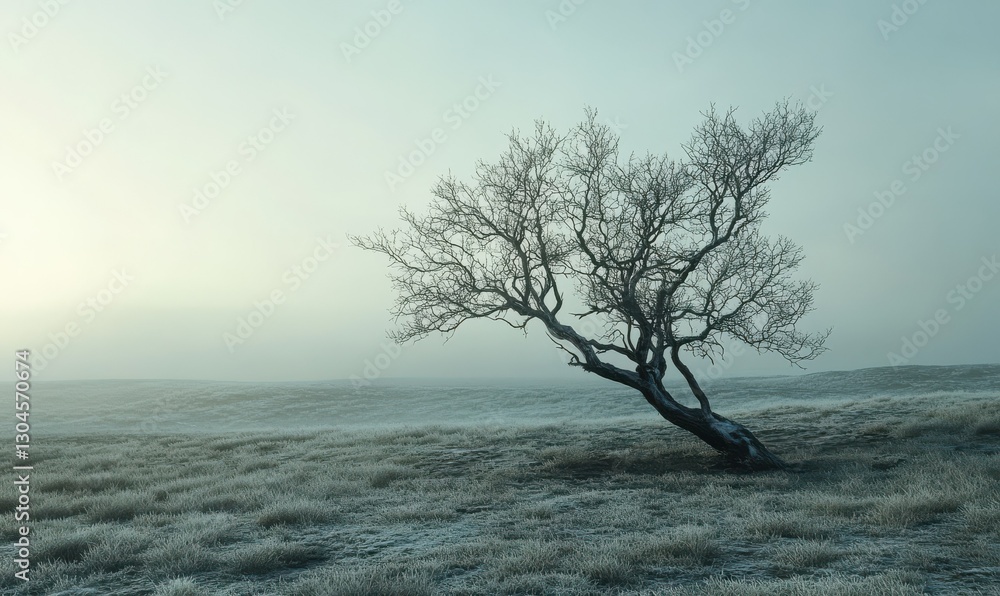 Poster leafless tree in a misty field under a soft gray sky, diffused light creating a peaceful and mysteri