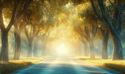 Obraz premium Long empty road surrounded by foggy forest trees, soft light creating a mysterious and serene journey-like feel