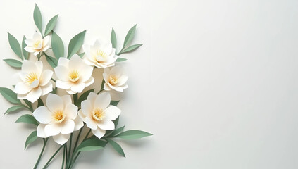 Obraz premium Elegant White Paper Flowers with Green Leaves on a Minimalistic Background.