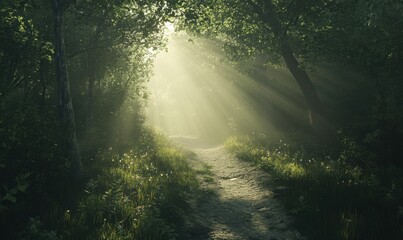 Fototapeta premium Golden sunlight streaming through a dense forest path, soft mist lingering in the air creating a dreamy and serene woodland atmosphere