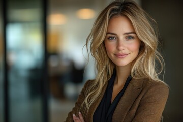 Obraz premium A poised woman exudes confidence, her soft features and warm smile reflecting inner strength and self-assurance. Captured with natural light and a shallow depth of field