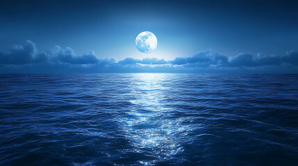 Serene moonlit ocean scene with shimmering water, soft clouds, and a tranquil atmosphere at night