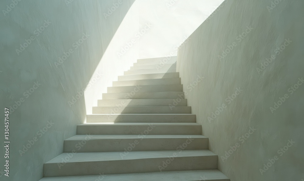 Poster minimalist staircase with sharp geometric lines, illuminated by soft sunlight casting shadows on cle