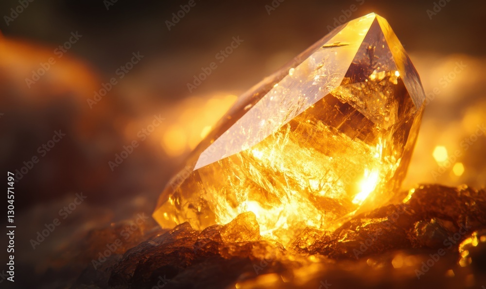Poster macro shot of a single sparkling crystal illuminated by warm ambient light creating a luxurious and 