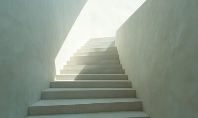 Minimalist staircase with sharp geometric lines, illuminated by soft sunlight casting shadows on clean white walls, creating an architectural aesthetic