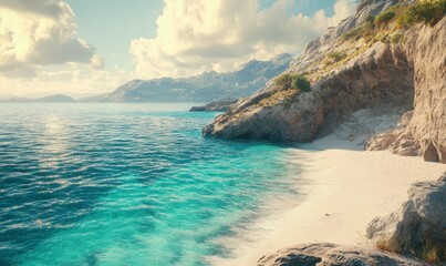 Fototapeta premium Serene coastal landscape with turquoise waters and white sandy shores, softly illuminated by golden sunlight creating a tranquil atmosphere