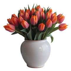  Orange Tulips in White Ceramic Vase Isolated on Transparent Background PNG
