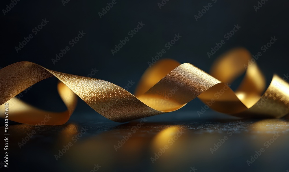Poster macro shot of elegant golden ribbon curling gracefully against a sleek dark surface illuminated by s