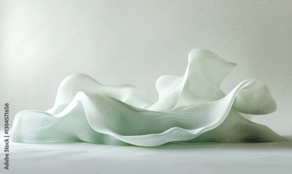 Poster minimalist waves of pale green and white blending smoothly on a neutral background, creating a calmi