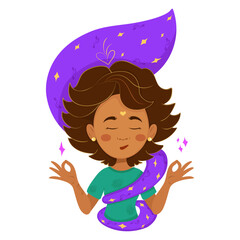 Girl with dark hair and skin prays and meditates. Nyepi Day Silence, silence, self-reflection. Cute vector color drawing of a beautiful enlightened woman with jewelry. Print, religion, yoga, lifestyle